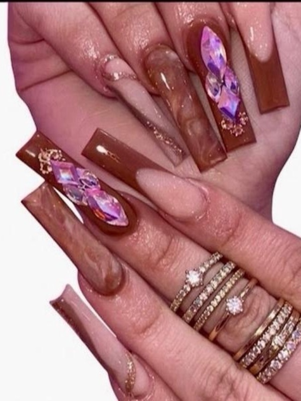 Luxury Brown Marble & Nude Acrylic Nail Set with Pink Crystal Accents